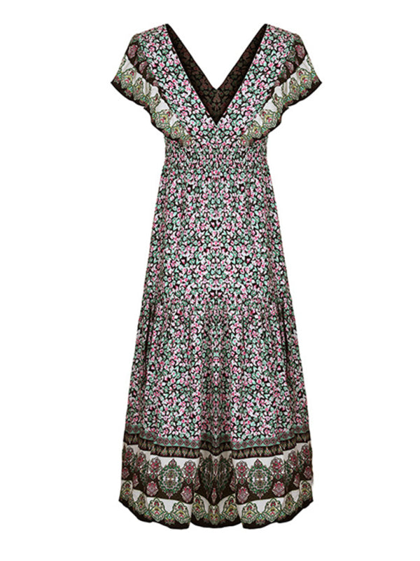 Boho Ruffled V-Neck Printed Dress – Lightweight Rayon, Flowy Fit
