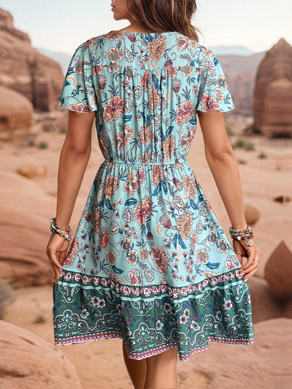 Bohemian V-Neck Woven Midi Dress in Green – Spring-Summer Rayon Style