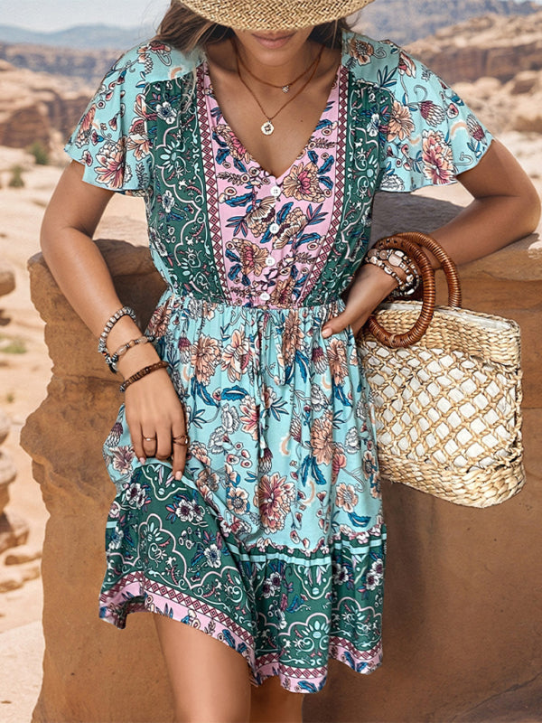 Bohemian V-Neck Woven Midi Dress in Green – Spring-Summer Rayon Style
