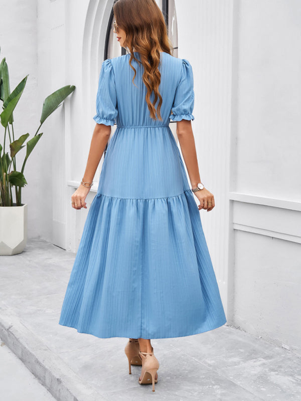 Elegant V-Neck Maxi Dress – Short Sleeves, Woven Fabric in Solid Colors
