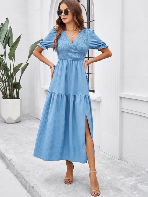Elegant V-Neck Maxi Dress – Short Sleeves, Woven Fabric in Solid Colors