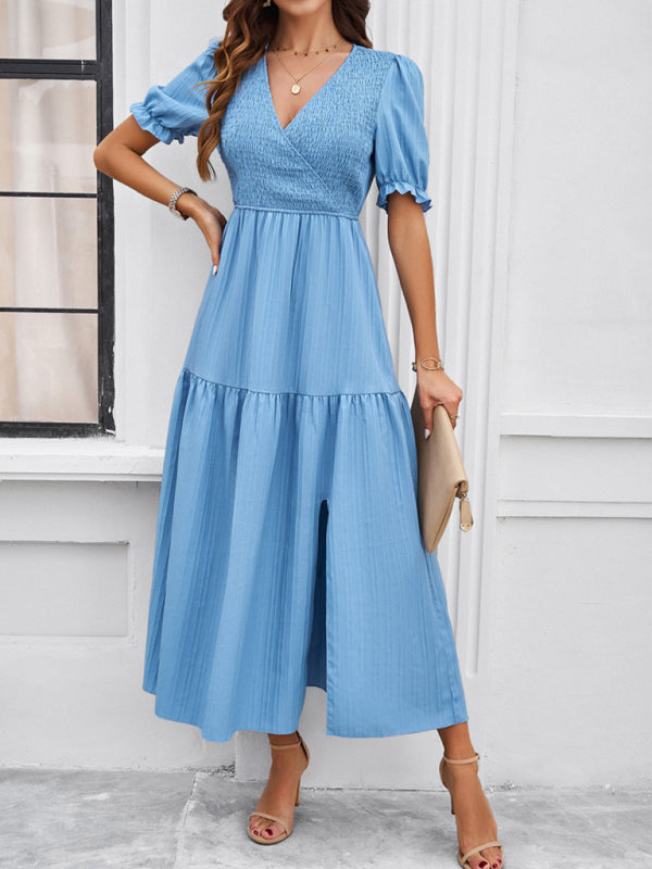 Elegant V-Neck Maxi Dress – Short Sleeves, Woven Fabric in Solid Colors