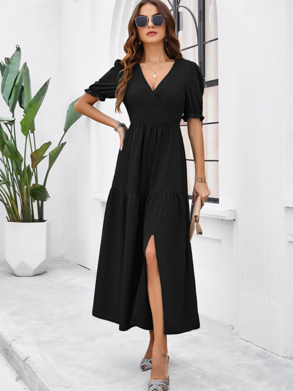 Elegant V-Neck Maxi Dress – Short Sleeves, Woven Fabric in Solid Colors