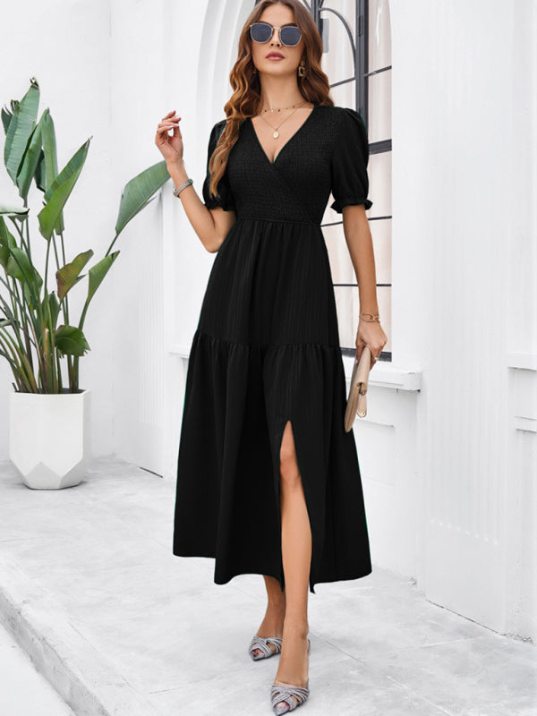 Elegant V-Neck Maxi Dress – Short Sleeves, Woven Fabric in Solid Colors