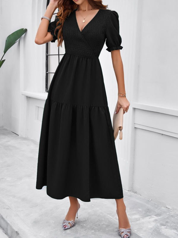 Elegant V-Neck Maxi Dress – Short Sleeves, Woven Fabric in Solid Colors
