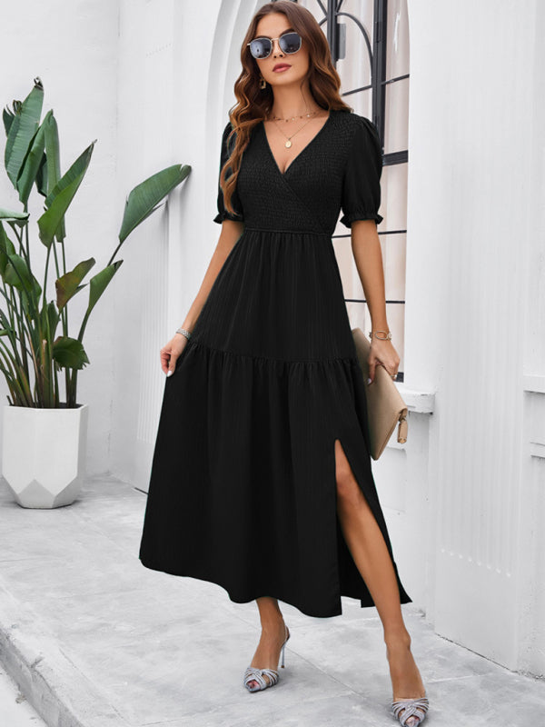 Elegant V-Neck Maxi Dress – Short Sleeves, Woven Fabric in Solid Colors