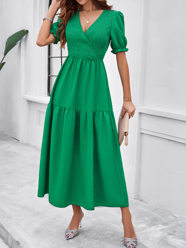 Elegant V-Neck Maxi Dress – Short Sleeves, Woven Fabric in Solid Colors