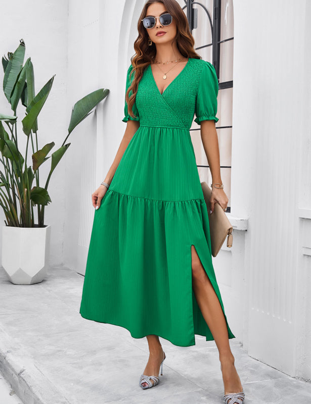 Elegant V-Neck Maxi Dress – Short Sleeves, Woven Fabric in Solid Colors