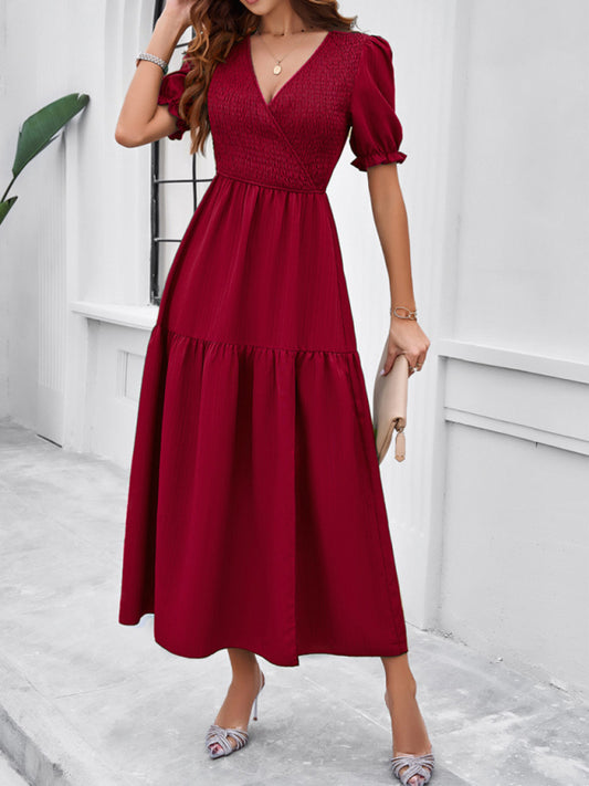 Elegant V-Neck Maxi Dress – Short Sleeves, Woven Fabric in Solid Colors