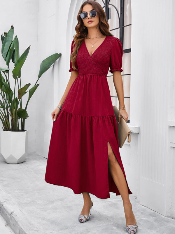 Elegant V-Neck Maxi Dress – Short Sleeves, Woven Fabric in Solid Colors