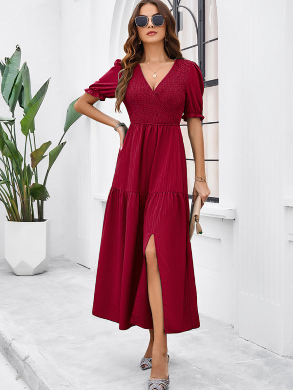 Elegant V-Neck Maxi Dress – Short Sleeves, Woven Fabric in Solid Colors
