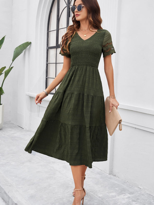 Short Sleeve V-Neck Solid Midi Dress – Lightweight Woven Grace Style