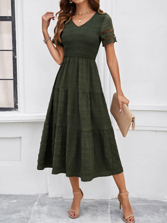 Short Sleeve V-Neck Solid Midi Dress – Lightweight Woven Grace Style