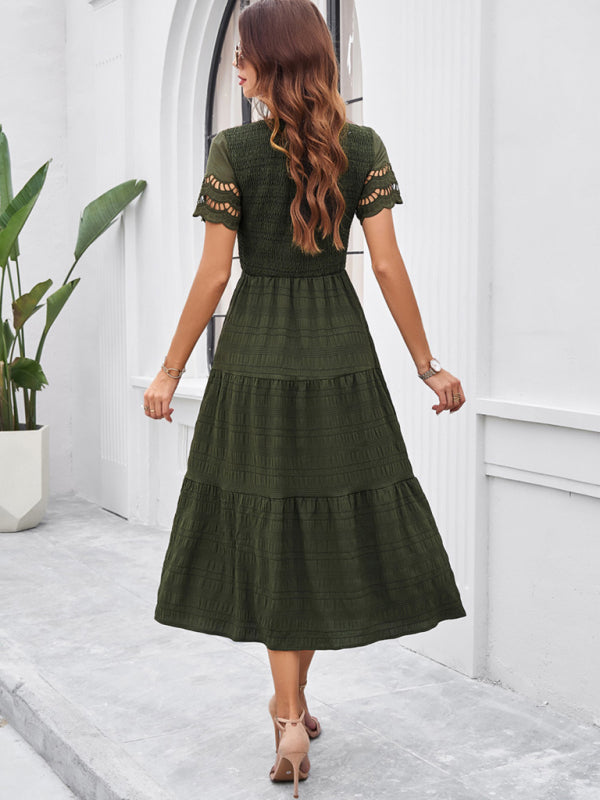 Short Sleeve V-Neck Solid Midi Dress – Lightweight Woven Grace Style