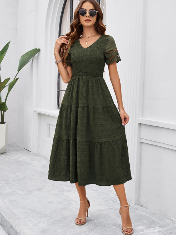 Short Sleeve V-Neck Solid Midi Dress – Lightweight Woven Grace Style