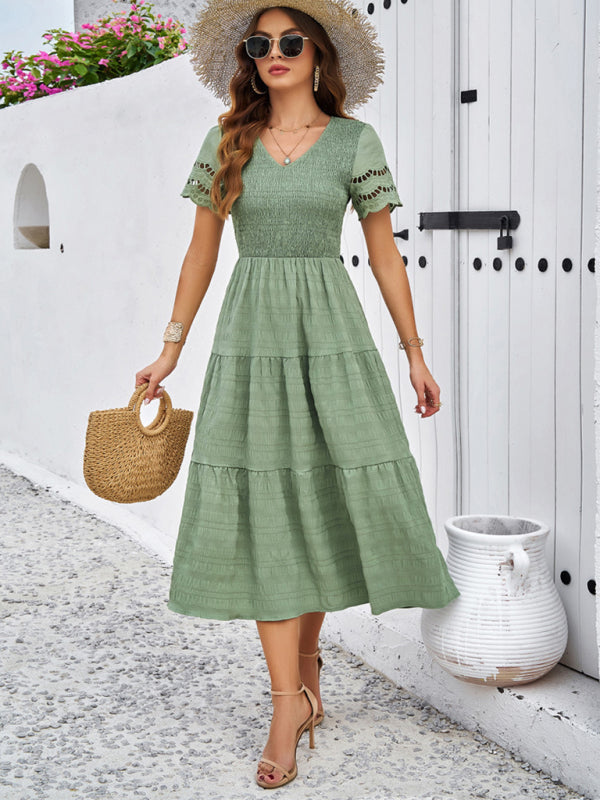 Short Sleeve V-Neck Solid Midi Dress – Lightweight Woven Grace Style