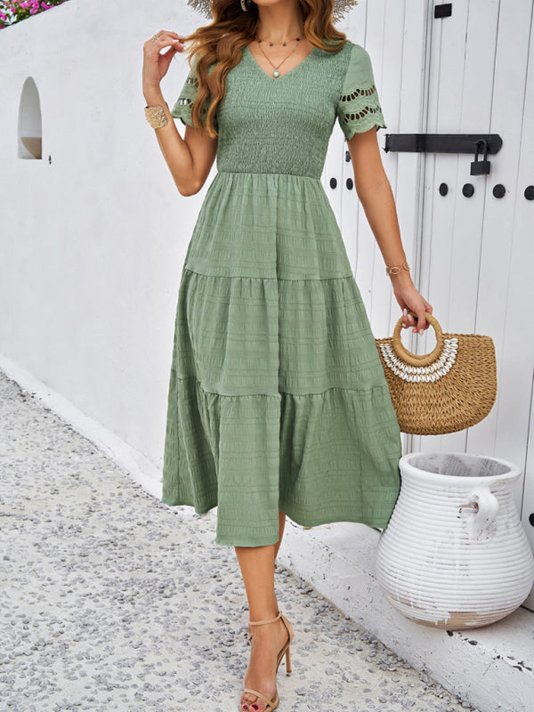 Short Sleeve V-Neck Solid Midi Dress – Lightweight Woven Grace Style