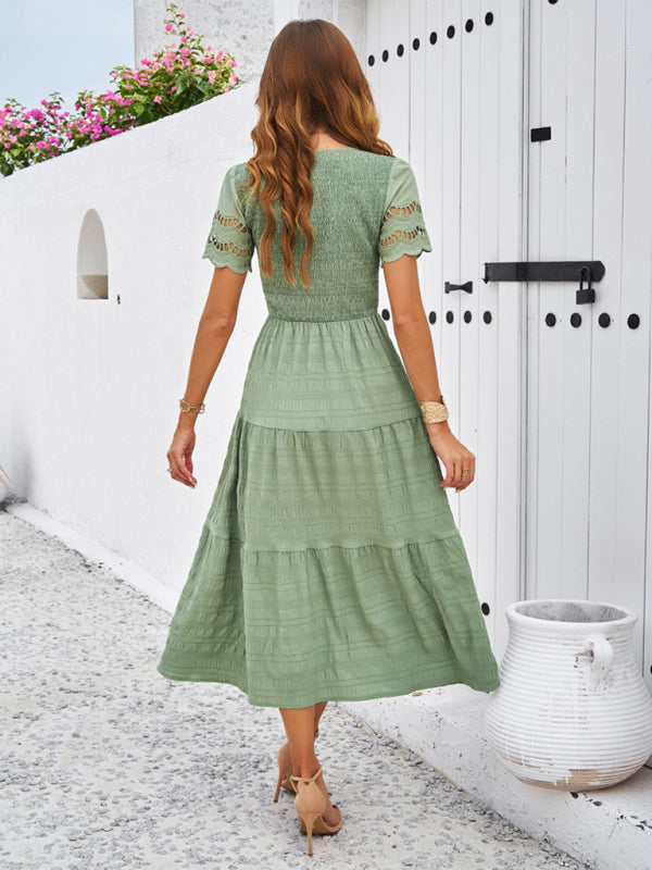 Short Sleeve V-Neck Solid Midi Dress – Lightweight Woven Grace Style