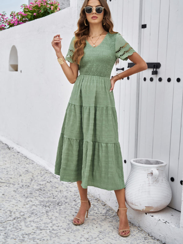 Short Sleeve V-Neck Solid Midi Dress – Lightweight Woven Grace Style