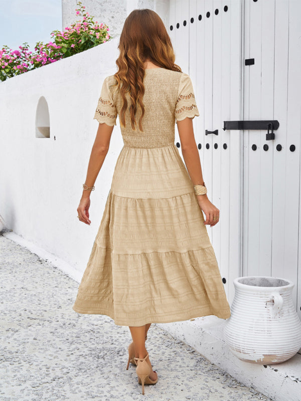 Short Sleeve V-Neck Solid Midi Dress – Lightweight Woven Grace Style