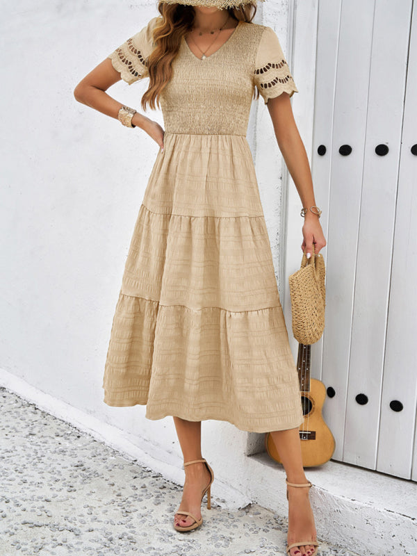 Short Sleeve V-Neck Solid Midi Dress – Lightweight Woven Grace Style