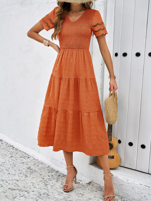 Short Sleeve V-Neck Solid Midi Dress – Lightweight Woven Grace Style
