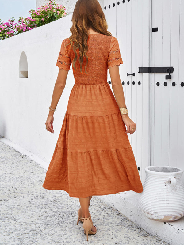 Short Sleeve V-Neck Solid Midi Dress – Lightweight Woven Grace Style