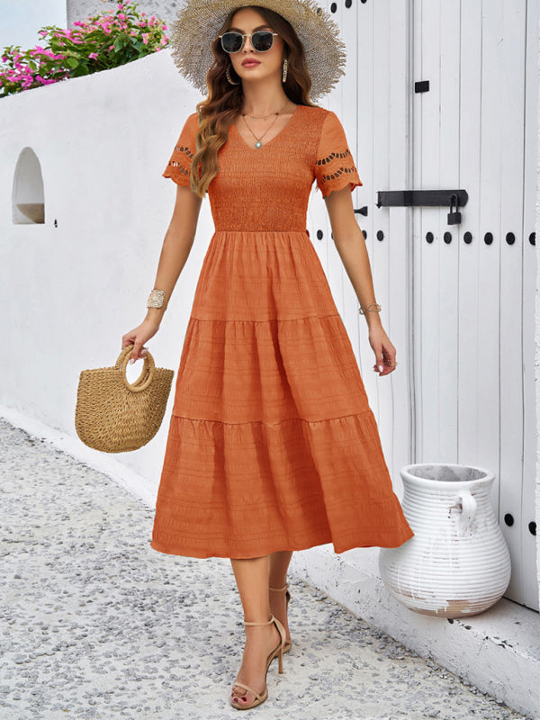Short Sleeve V-Neck Solid Midi Dress – Lightweight Woven Grace Style