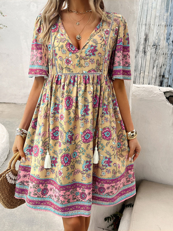 Boho Short Sleeve Midi Dress - Lightweight Viscose, A-line Fit, Summer Essential