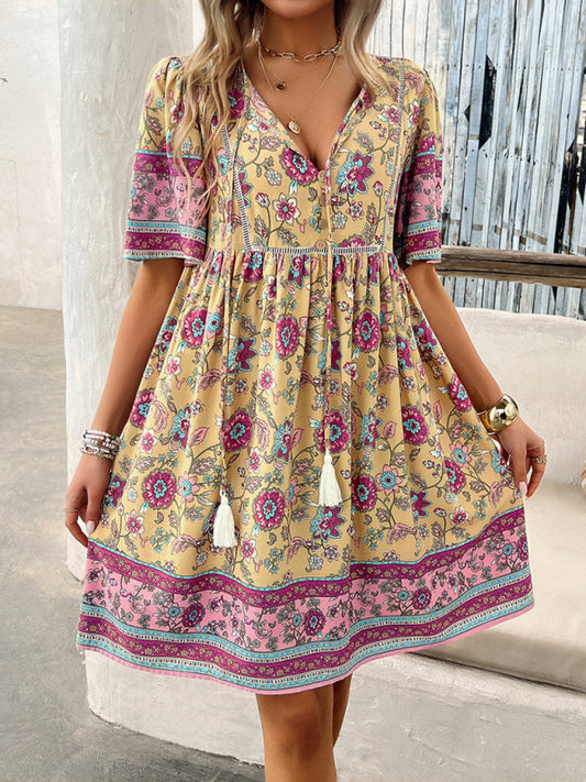 Boho Short Sleeve Midi Dress - Lightweight Viscose, A-line Fit, Summer Essential