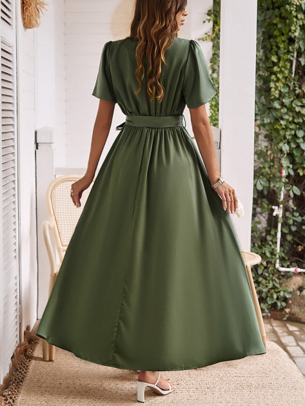 Solid Color Lace-Up Slit Midi Dress – Graceful Fit for Spring & Summer