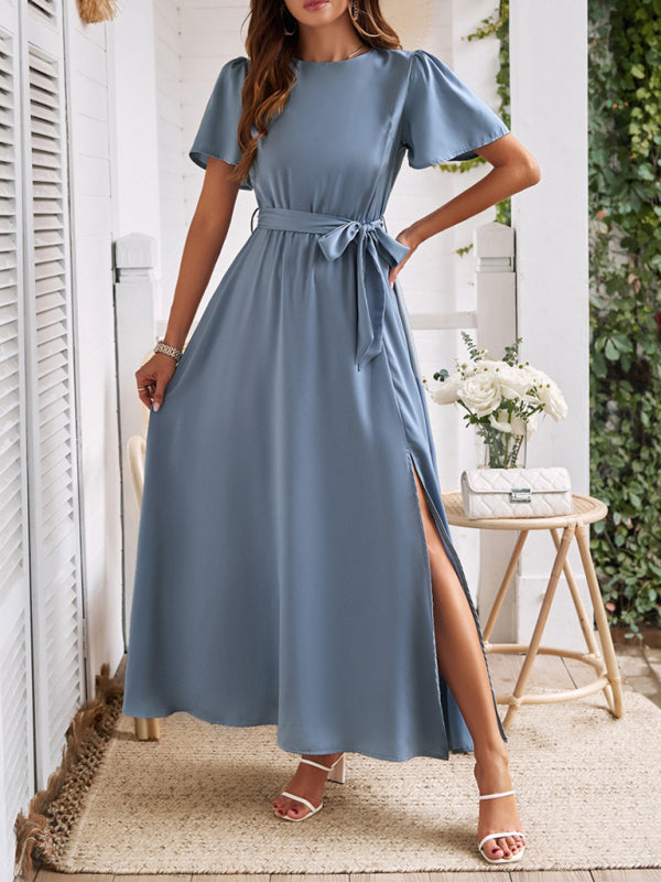 Solid Color Lace-Up Slit Midi Dress – Graceful Fit for Spring & Summer