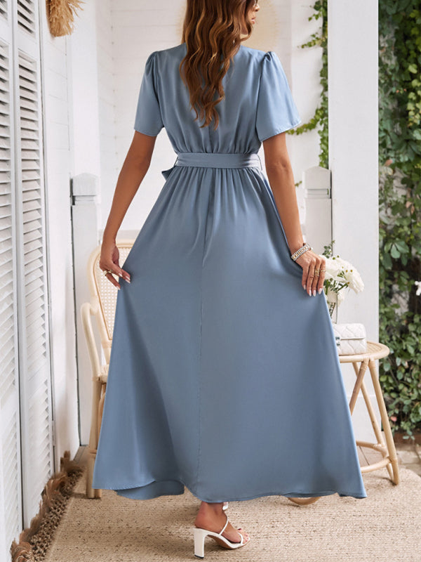 Solid Color Lace-Up Slit Midi Dress – Graceful Fit for Spring & Summer