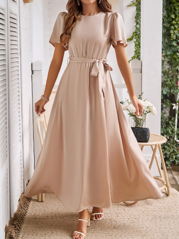 Solid Color Lace-Up Slit Midi Dress – Graceful Fit for Spring & Summer