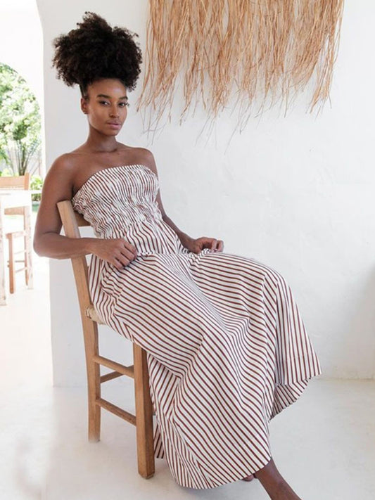 Tube Top Stripe Midi Dress – Strapless Woven Dress for Spring & Summer