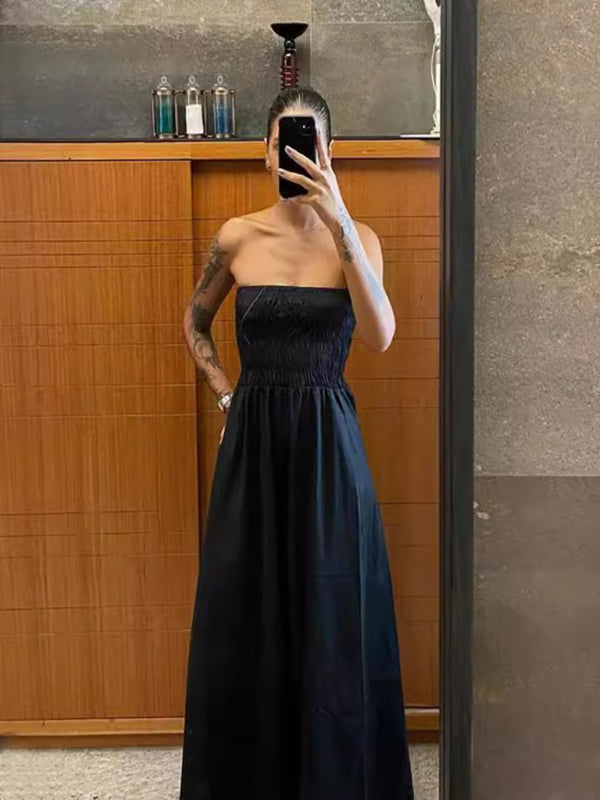 Tube Top Stripe Midi Dress – Strapless Woven Dress for Spring & Summer