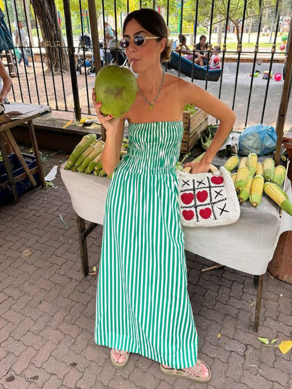 Tube Top Stripe Midi Dress – Strapless Woven Dress for Spring & Summer