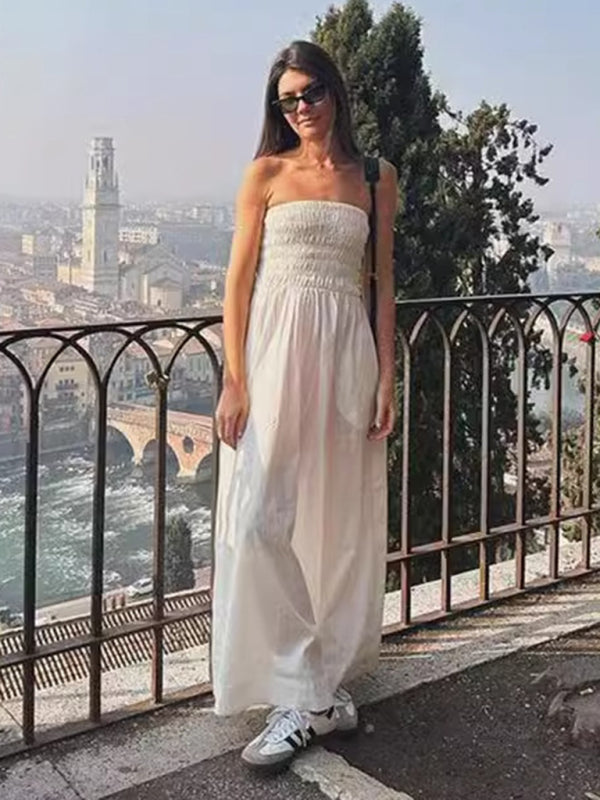 Tube Top Stripe Midi Dress – Strapless Woven Dress for Spring & Summer