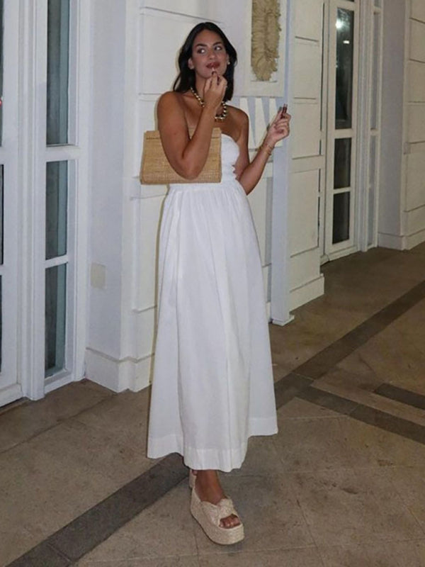 Tube Top Stripe Midi Dress – Strapless Woven Dress for Spring & Summer