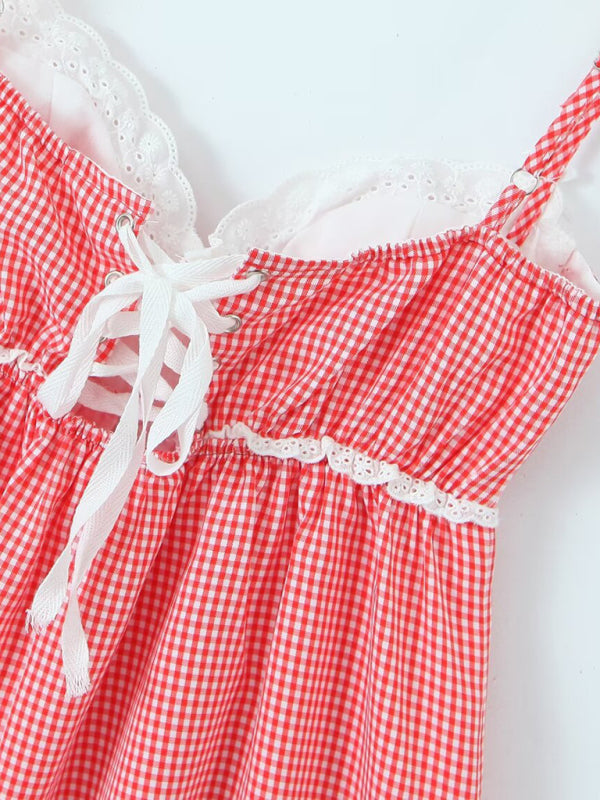 Lace Plaid Strappy Suspender Dress – Cute Summer Style in Red or Black