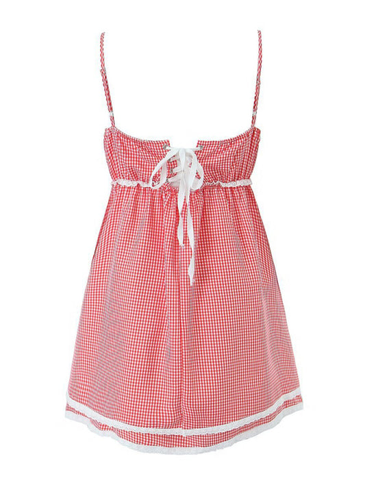 Lace Plaid Strappy Suspender Dress – Cute Summer Style in Red or Black