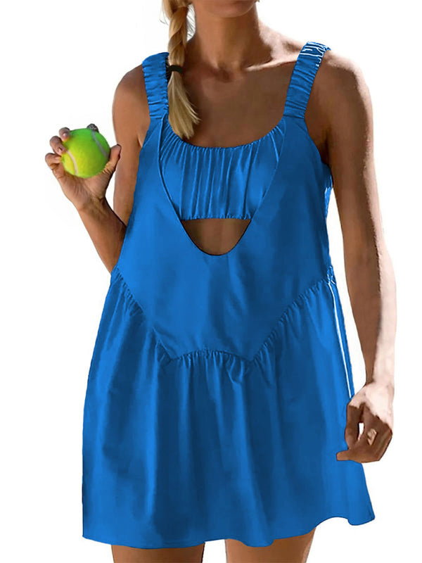 Backless Sports Dress with Built-In Shorts – Cotton Blend, Spring Style