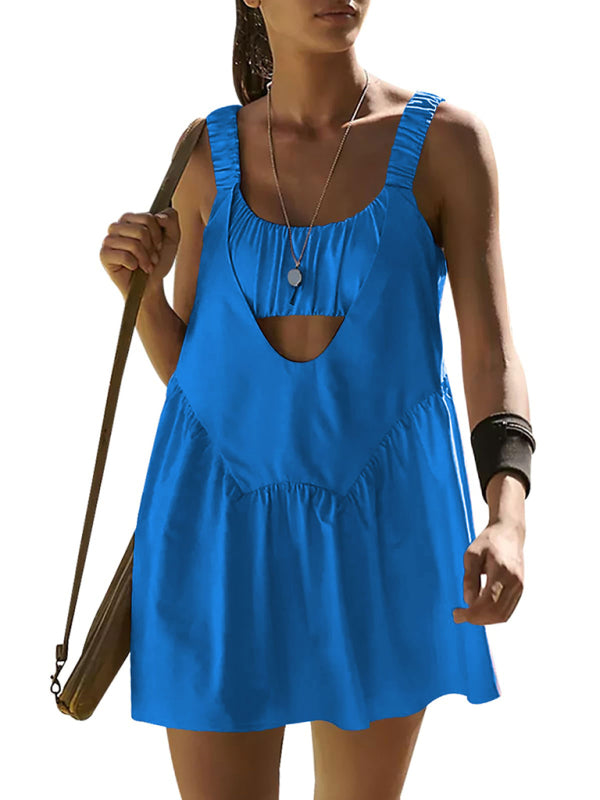 Backless Sports Dress with Built-In Shorts – Cotton Blend, Spring Style