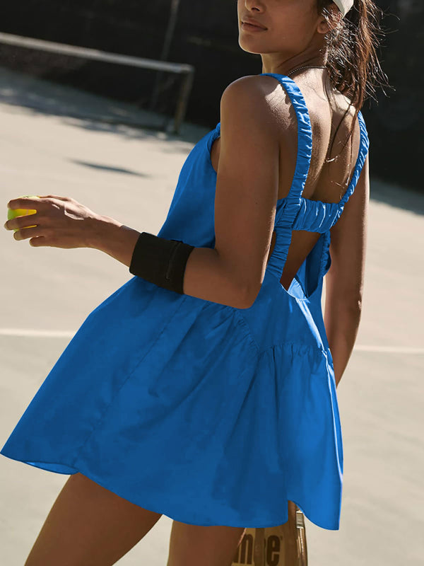 Backless Sports Dress with Built-In Shorts – Cotton Blend, Spring Style