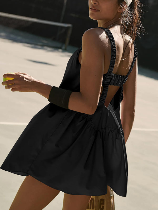 Backless Sports Dress with Built-In Shorts – Cotton Blend, Spring Style