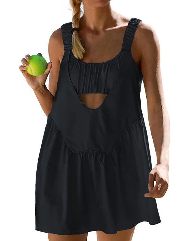 Backless Sports Dress with Built-In Shorts – Cotton Blend, Spring Style