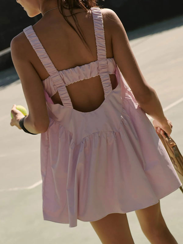 Backless Sports Dress with Built-In Shorts – Cotton Blend, Spring Style
