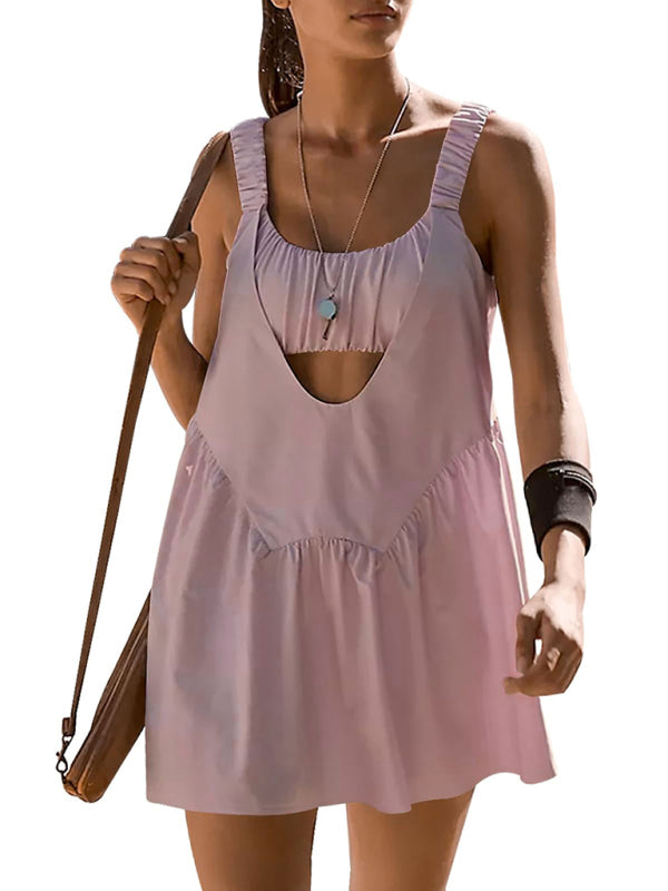 Backless Sports Dress with Built-In Shorts – Cotton Blend, Spring Style
