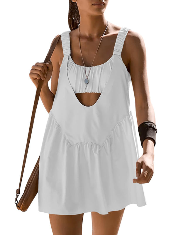 Backless Sports Dress with Built-In Shorts – Cotton Blend, Spring Style