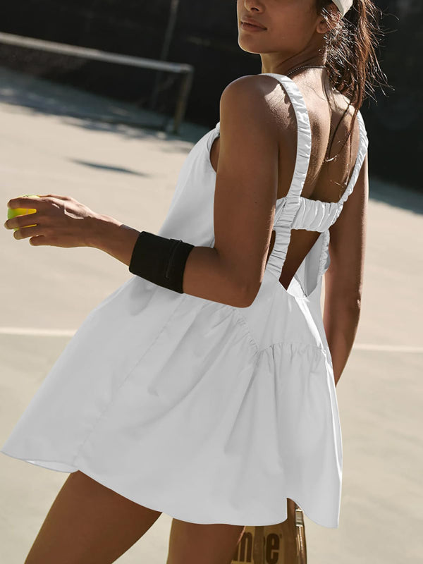 Backless Sports Dress with Built-In Shorts – Cotton Blend, Spring Style